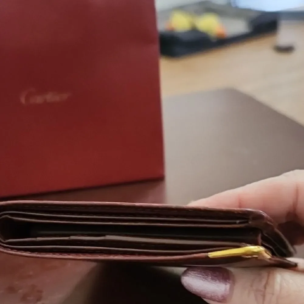Cartier Dark Brown Leather Wallet with Gold Corners